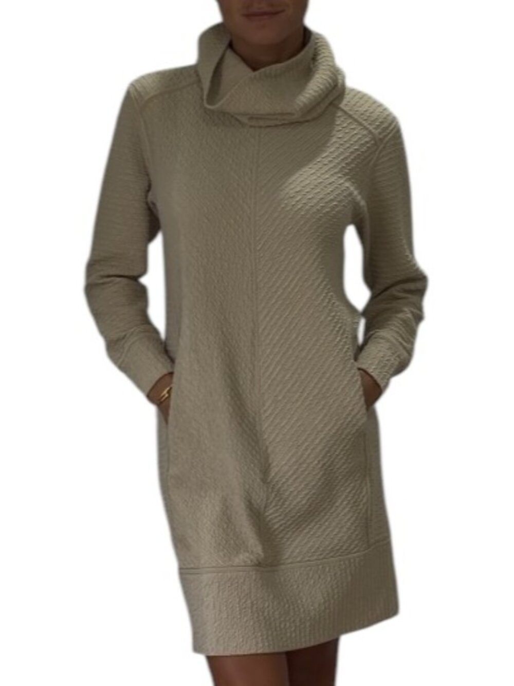 Lululemon Light Greige Cowl Neck Dress Long Sleeve Textured with Pockets Size 4